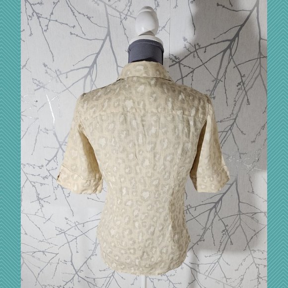 120% Lino Yellow Leopard Print Linen Ruffle Front Blouse - Picture 4 of 5